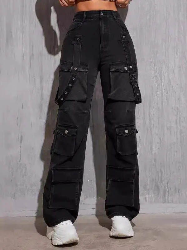 Buttoned Pockets Solid Color High Waisted Trousers Jean Pants Bottoms