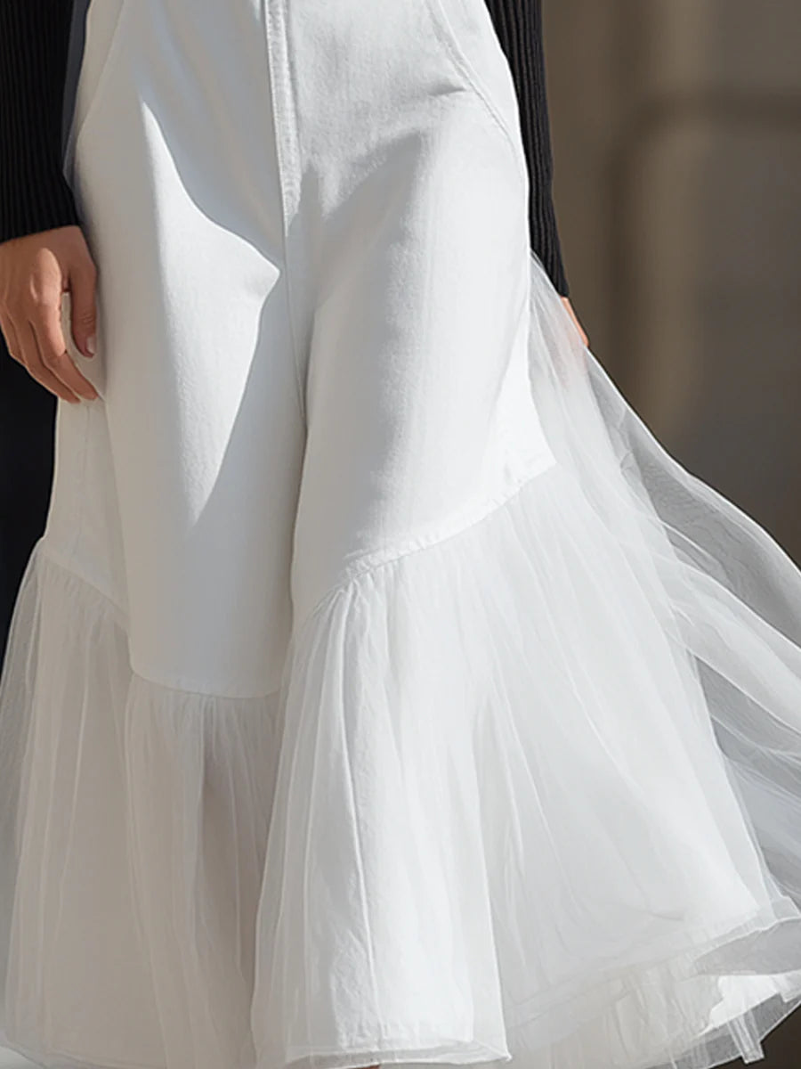 Elegant White Tulle-trimmed Denim Overalls