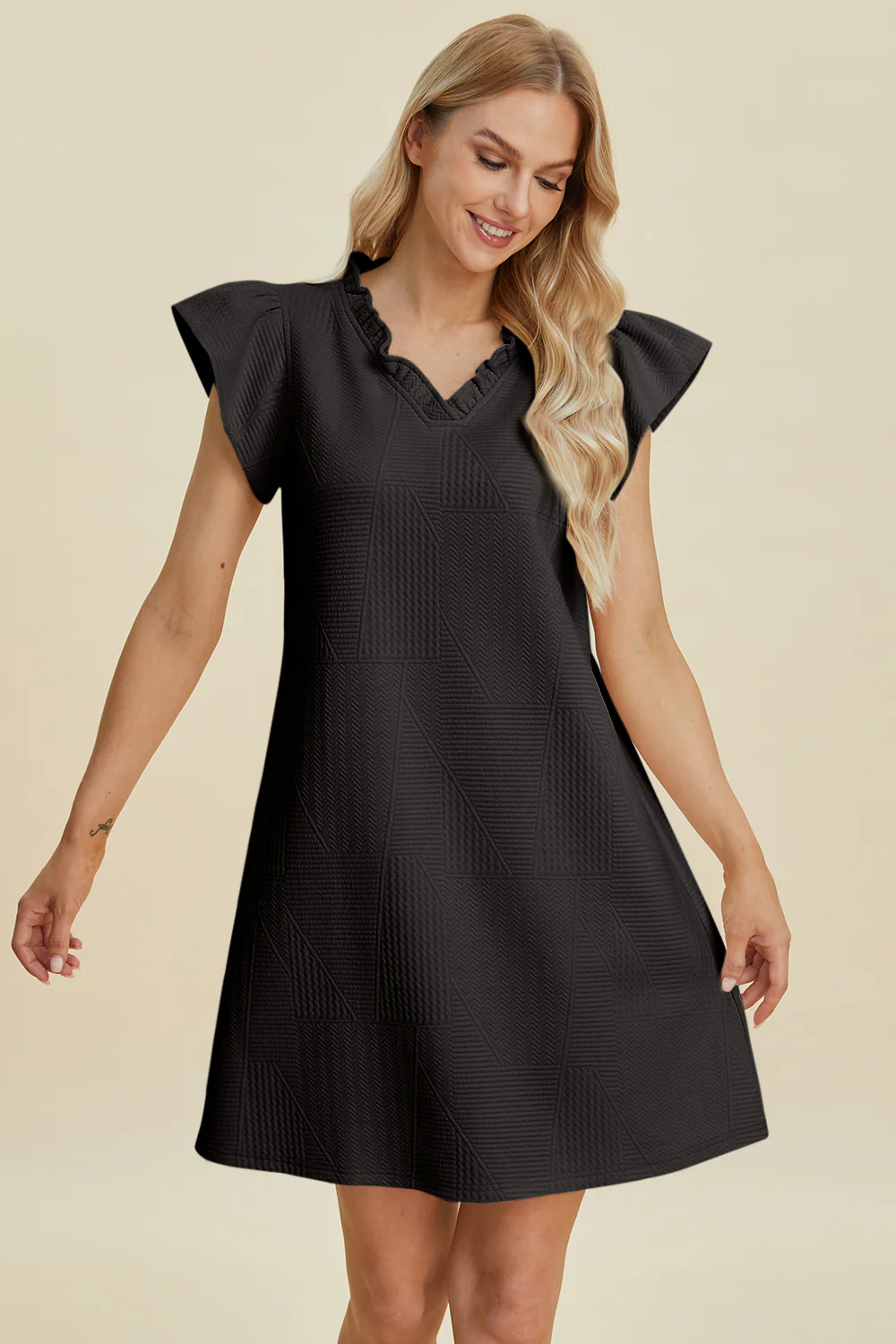 Full Size Ruffled V-Neck Cap Sleeve Dress