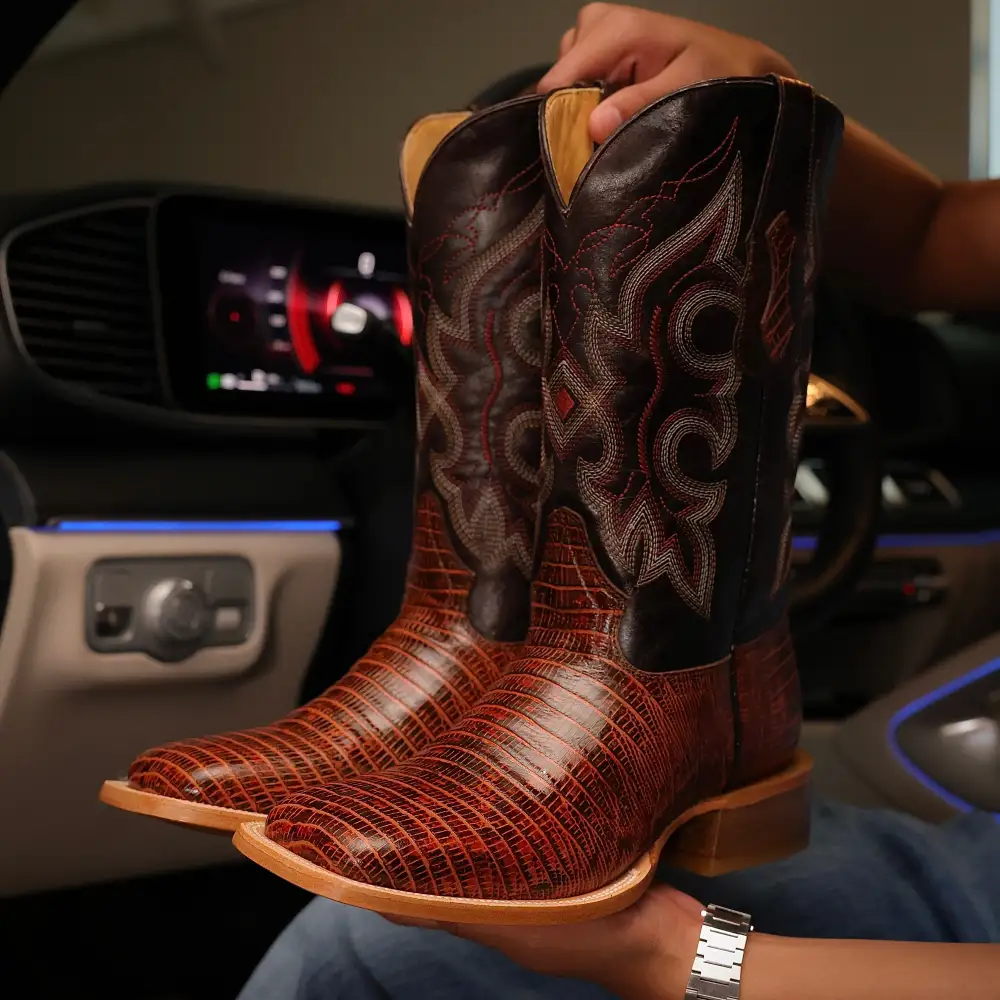 Cognac Lizard Leather Boots — Square Toe