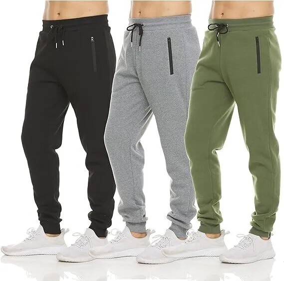 Men's 3 Pack Fleece Active Athletic Jogger Sweatpants with Drawstring