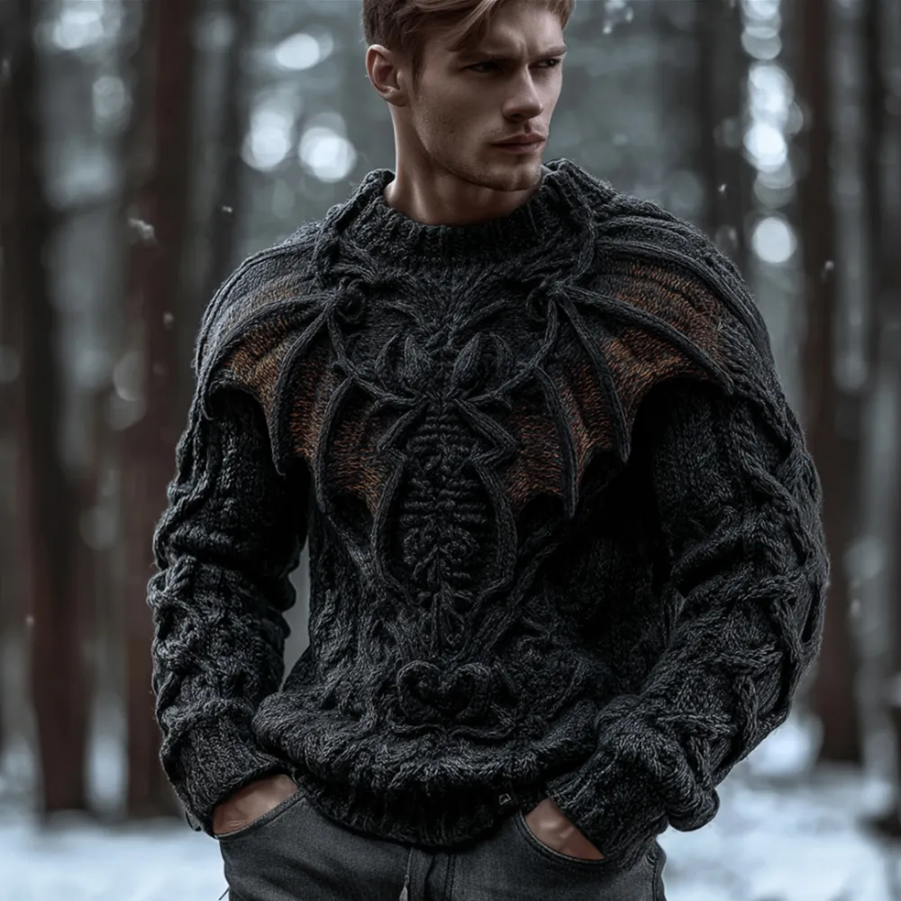 Men's Halloween 3d Embroidered Bat Dark Wind Coarse Needle Sweater