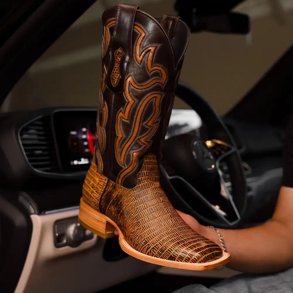 Honey Lizard Leather Boots - Square Toe