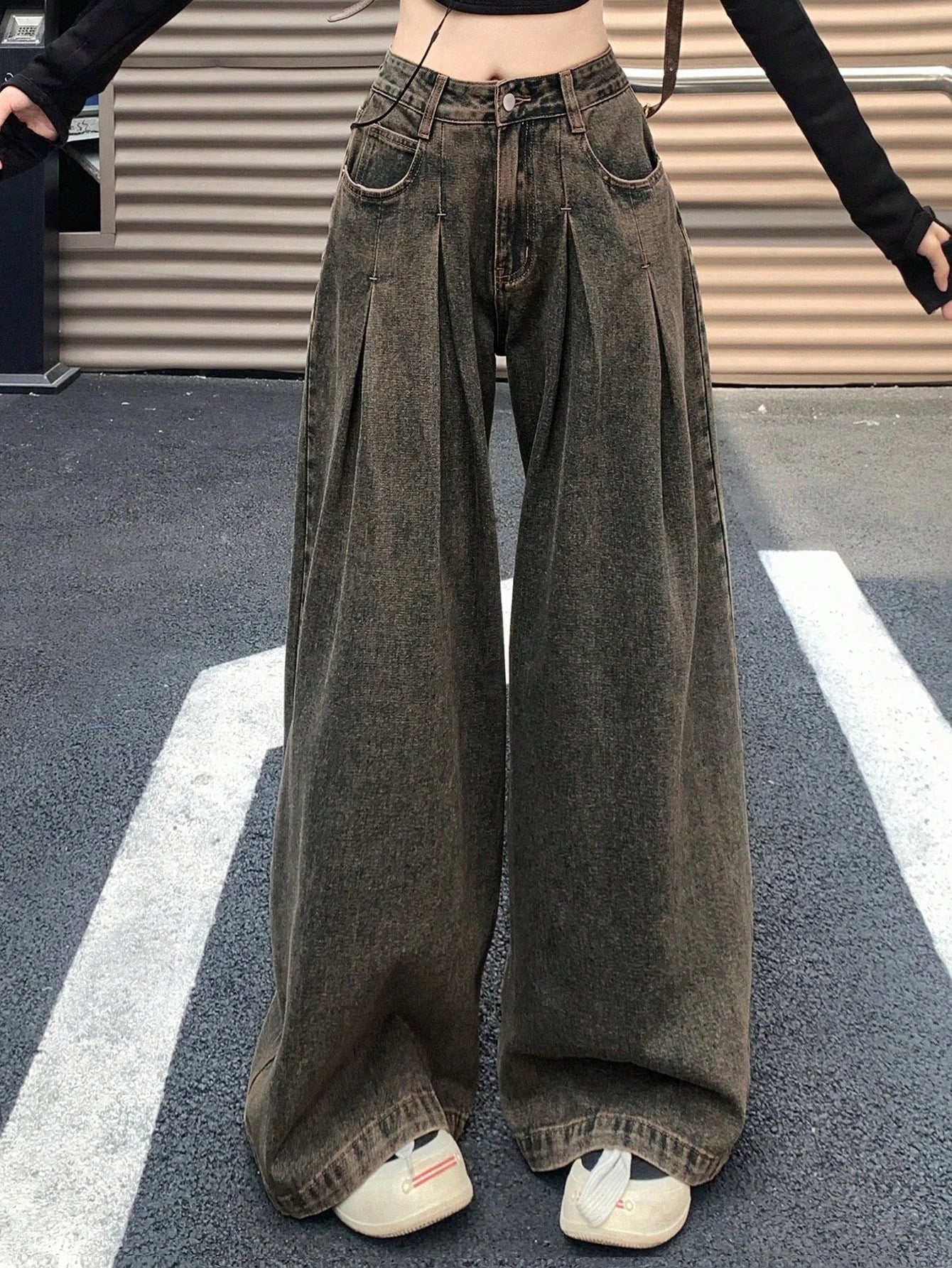 Rustic Cocoa Pleated Extra Wide Leg Jeans