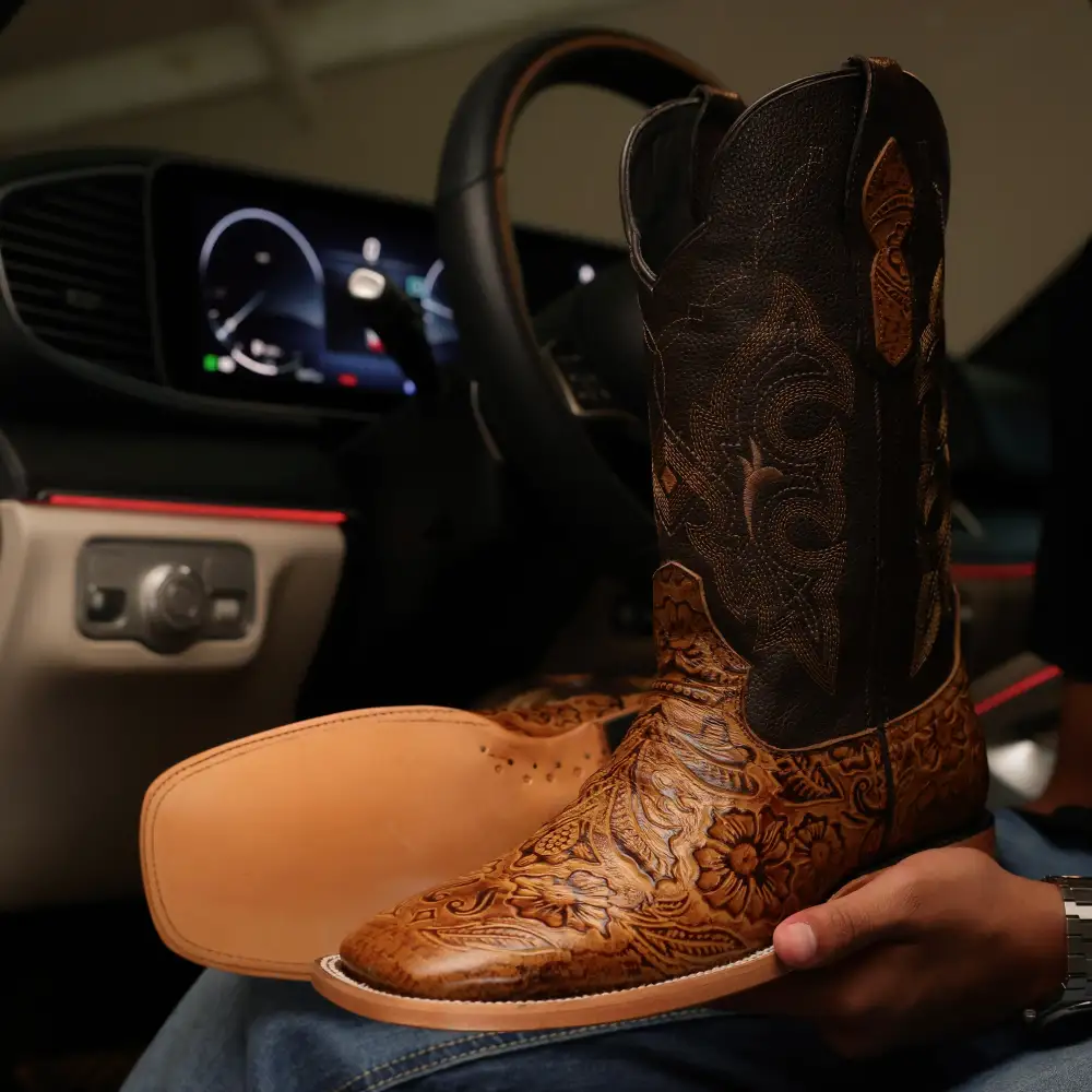 Honey Hand-Tooled Leather Boots — Square Toe