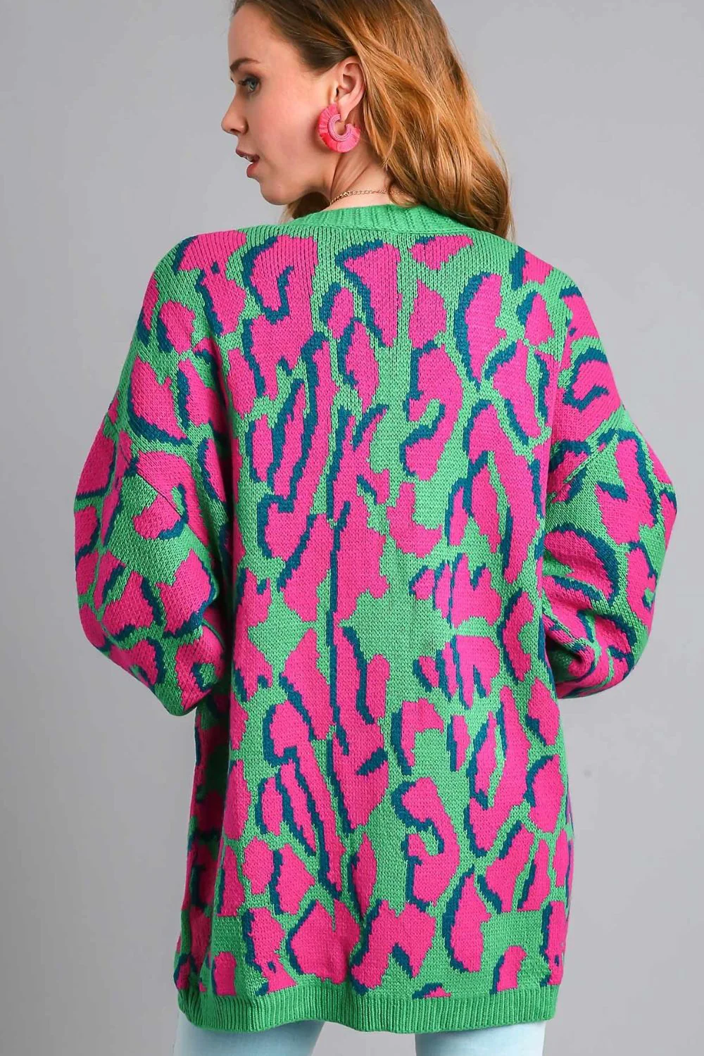 Animal Print Open Front Cardigan with Side Pockets Plus Size