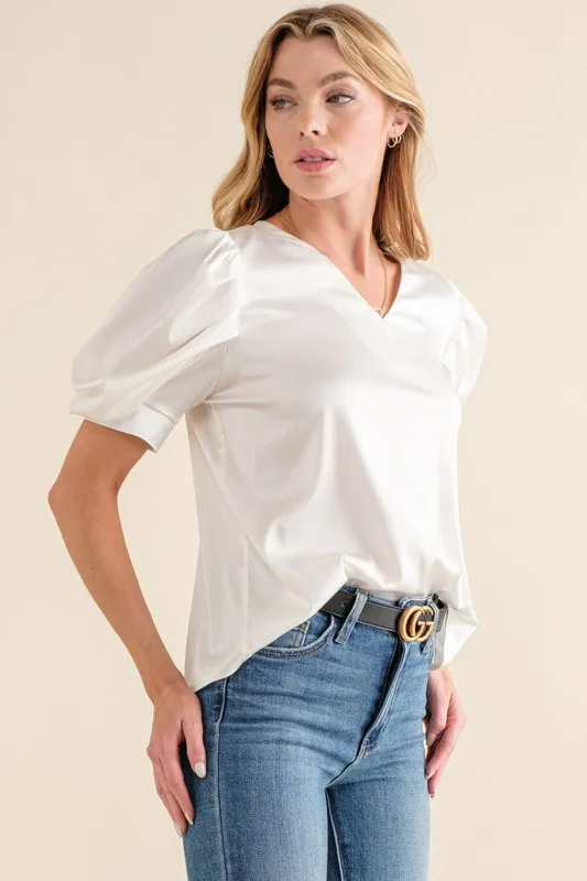 Plain Satin Puff Shirring V Neck Blouse Top