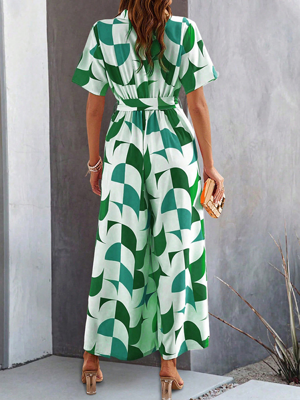 Buttoned Contrast Color Tied Waist High Waisted Loose V-Neck Jumpsuits