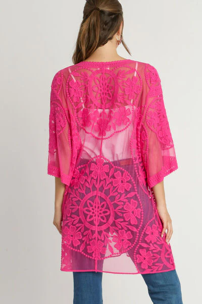 Elegant Floral Lace Open Front Kimono Sleevee Cover Up with Waist Tie