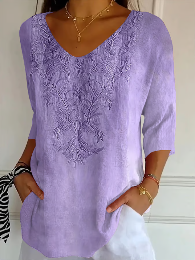 Women Casual Floral V neck Printing Daily Loose Three Quarter Sleeve T-shirts