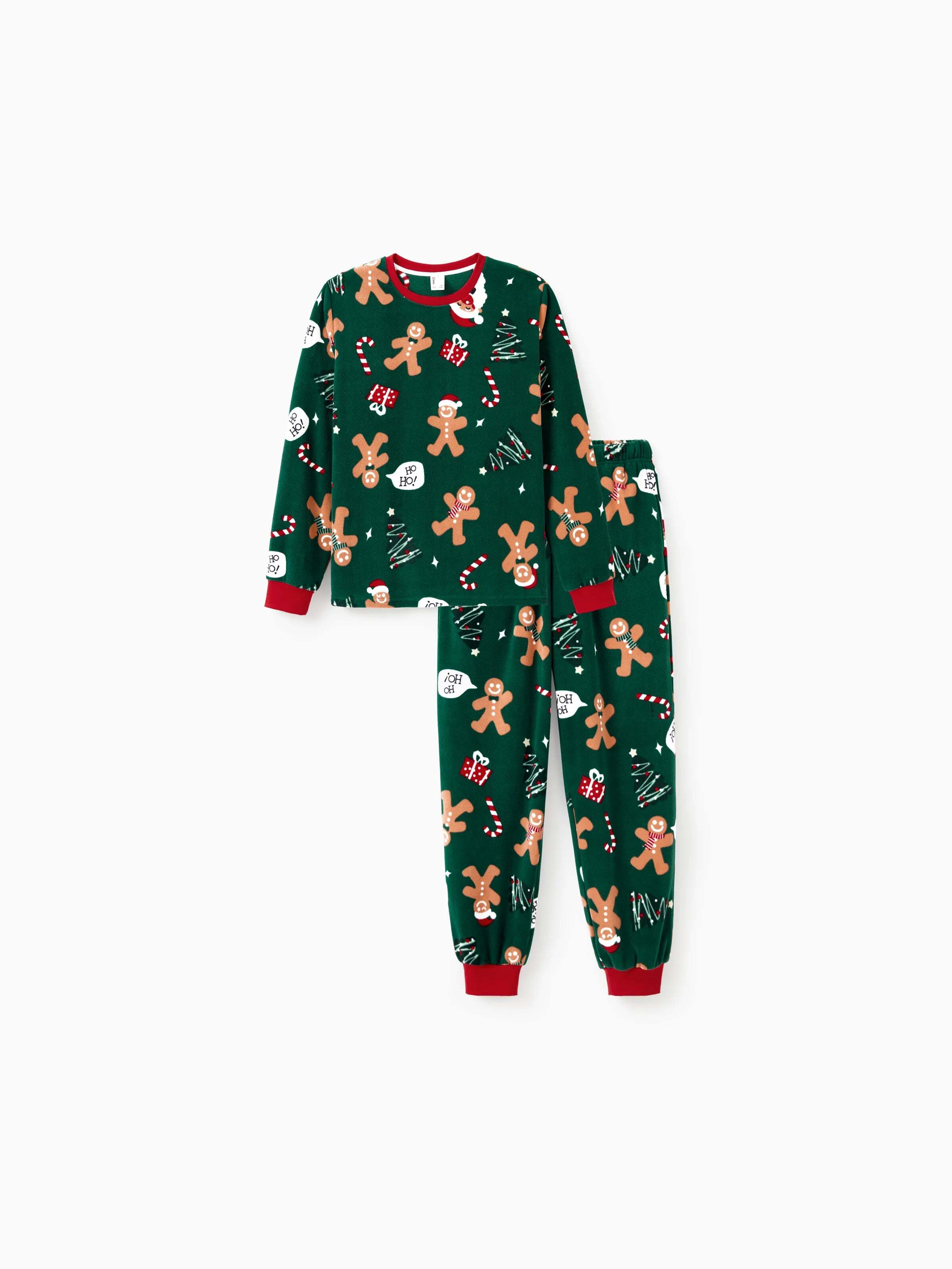 Christmas Pajamas Family Matching Fleece Gingerbread Man Long Sleeves Pajamas Sets with Christmas Socks Dark Green