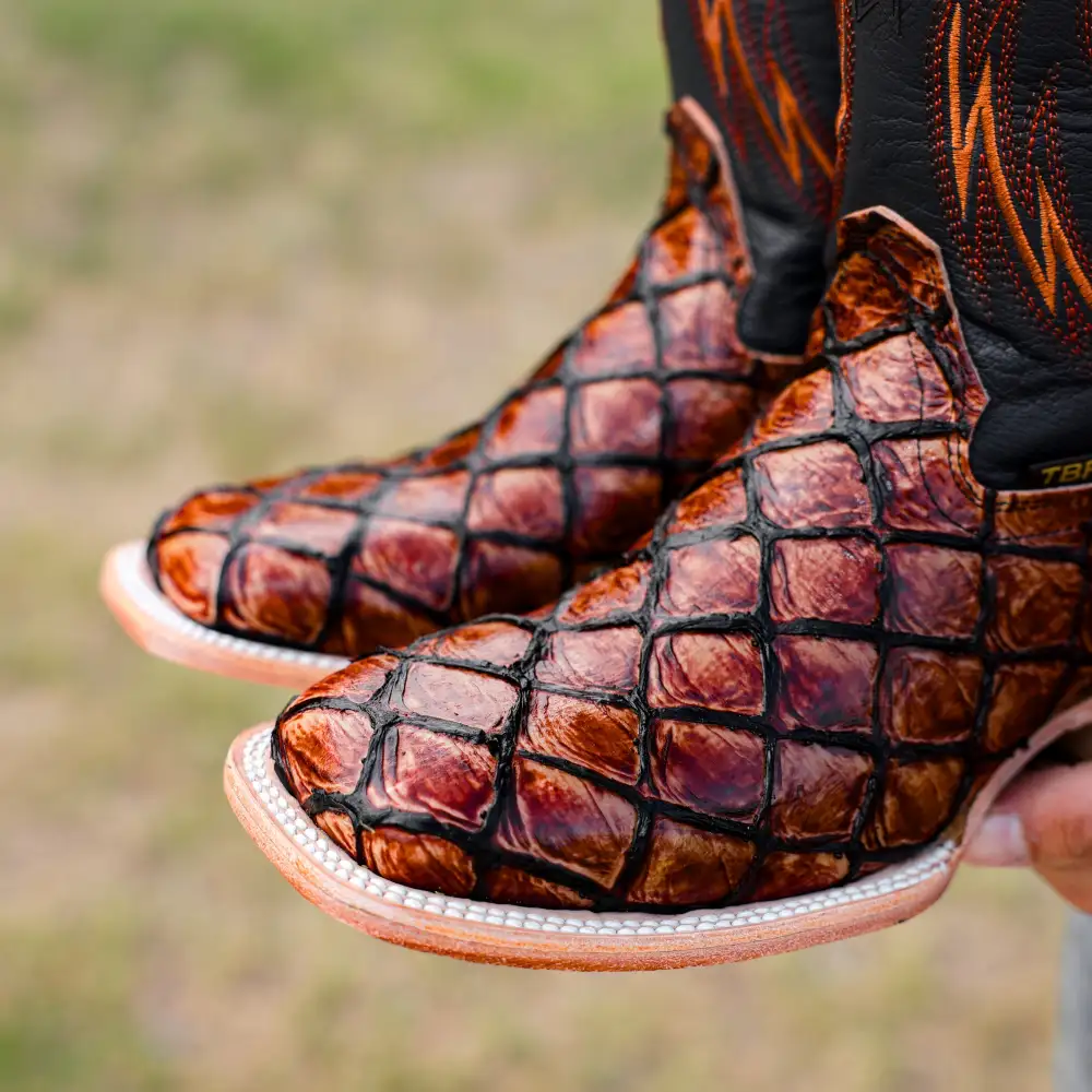 Cognac Pirarucu Leather Boots - Square Toe