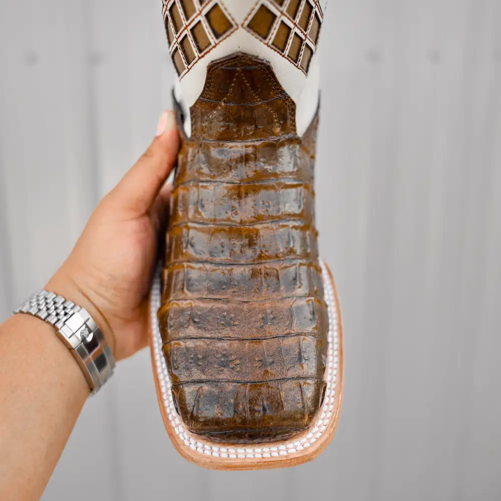 Honey Caiman Hornback Leather Boots - Square Toe