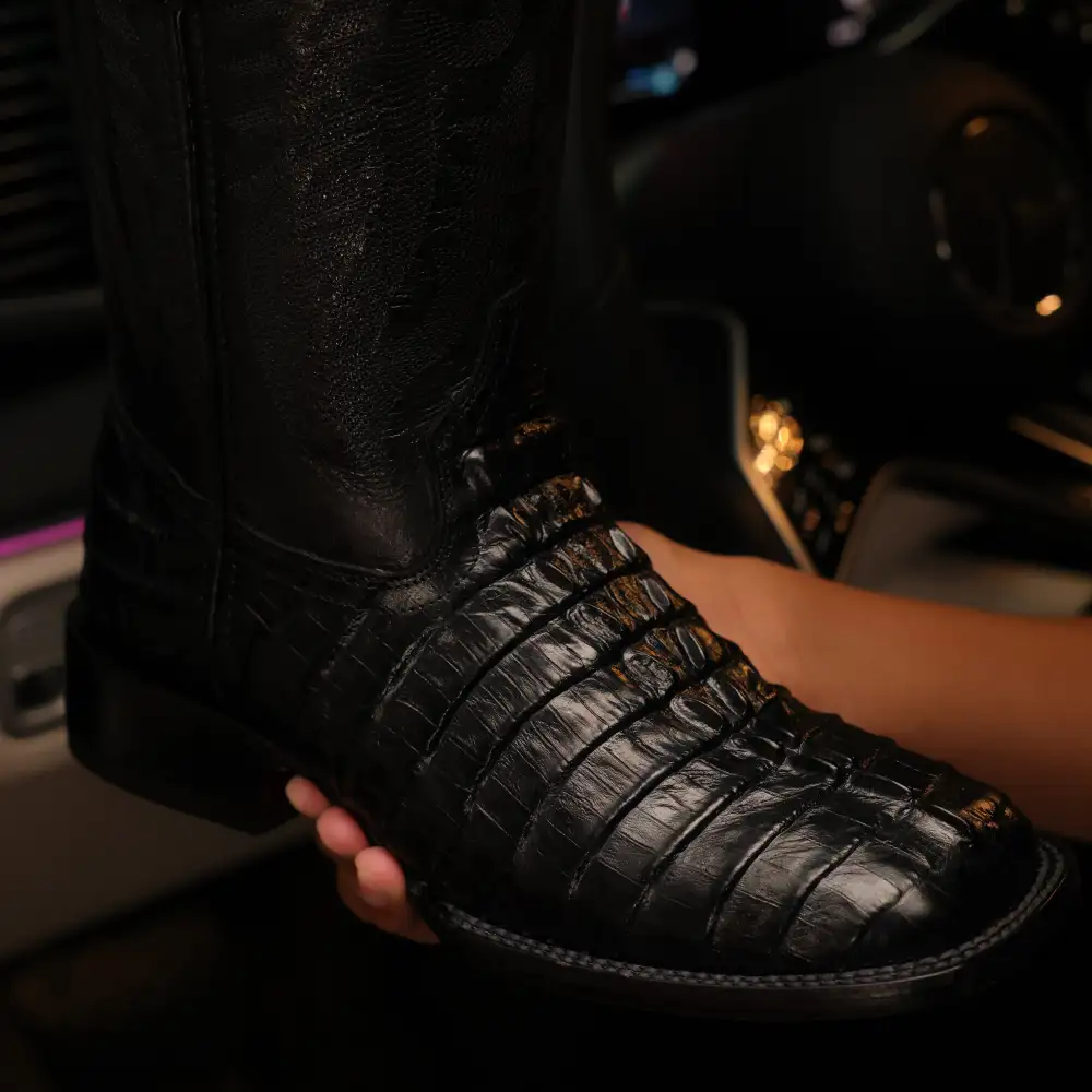 “TOTAL BLACK” Caiman Leather Boots - Square Toe