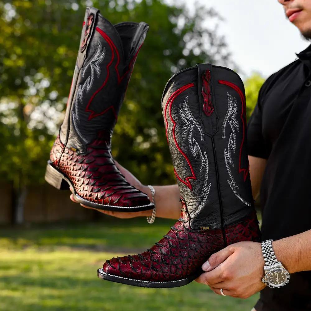 Black Cherry Python Leather Boots - Square Toe