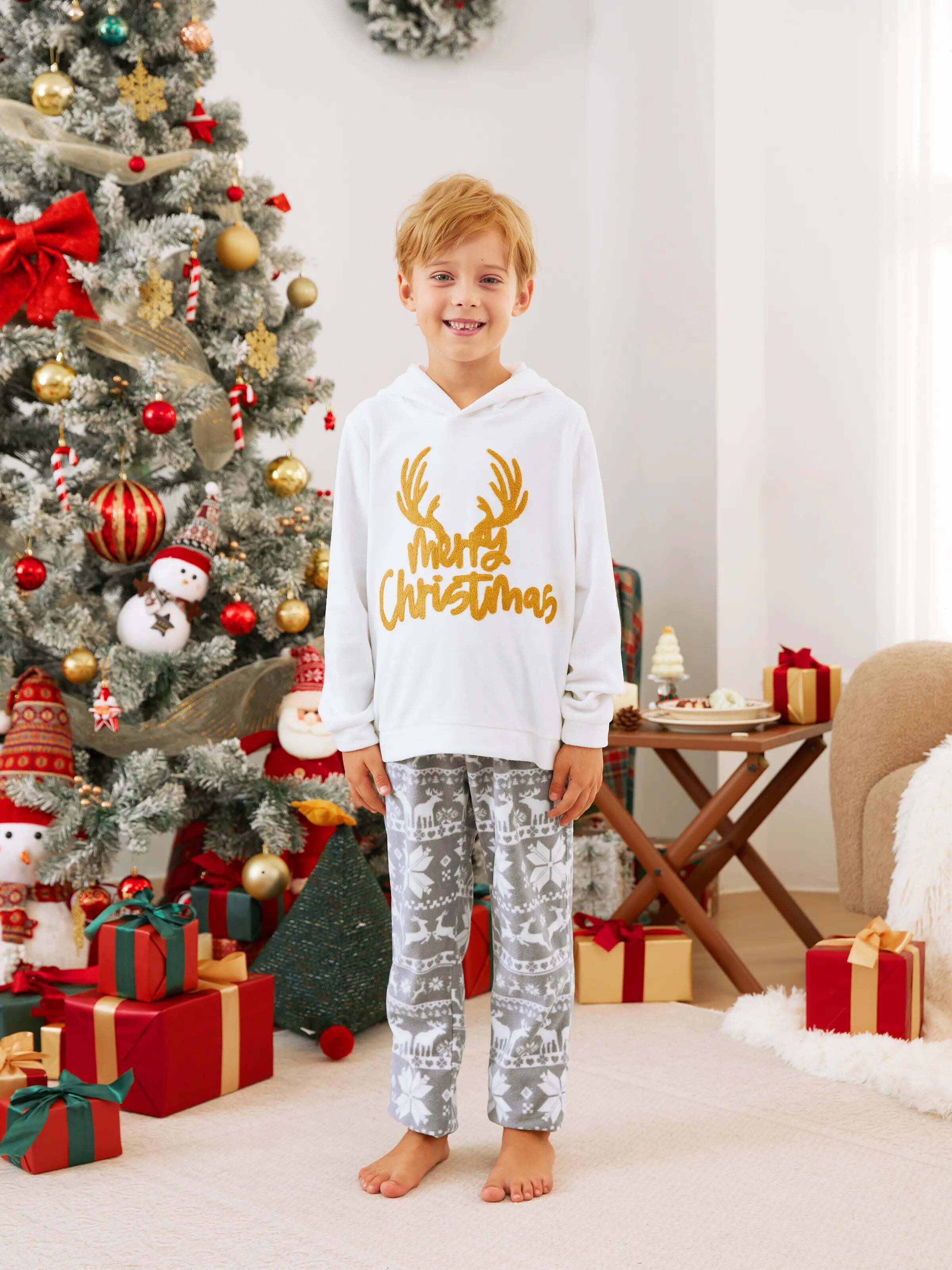 Christmas Family Matching Letters Embroidered Long-sleeve Hooded Fleece Pajamas Sets with Christmas Socks White