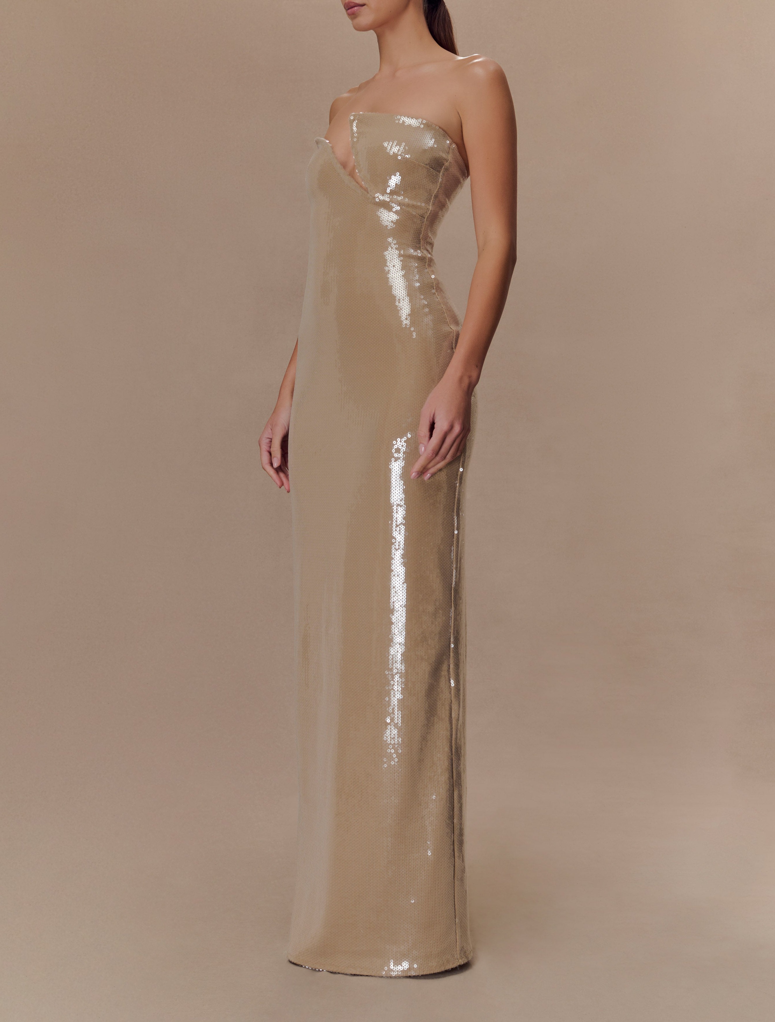 Taupe Strapless Sequin Maxi Dress