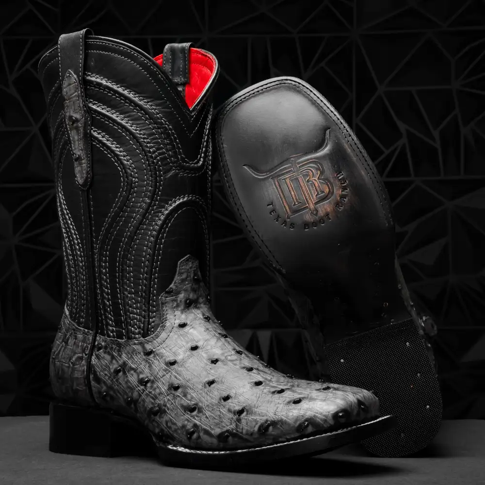 Grey Ostrich Leather Boots - Square Toe