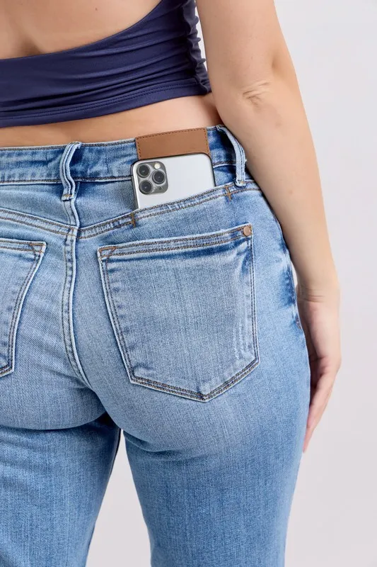 Blue Full Size Mid Rise Vintage Wash Slim Jeans with Cell Phone Pocket Plus Size