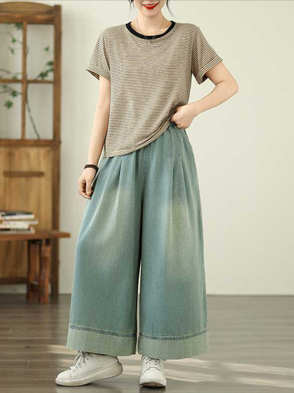 Elasticity Pleated Pockets Loose Wide Leg Trousers Jean Pants Bottoms