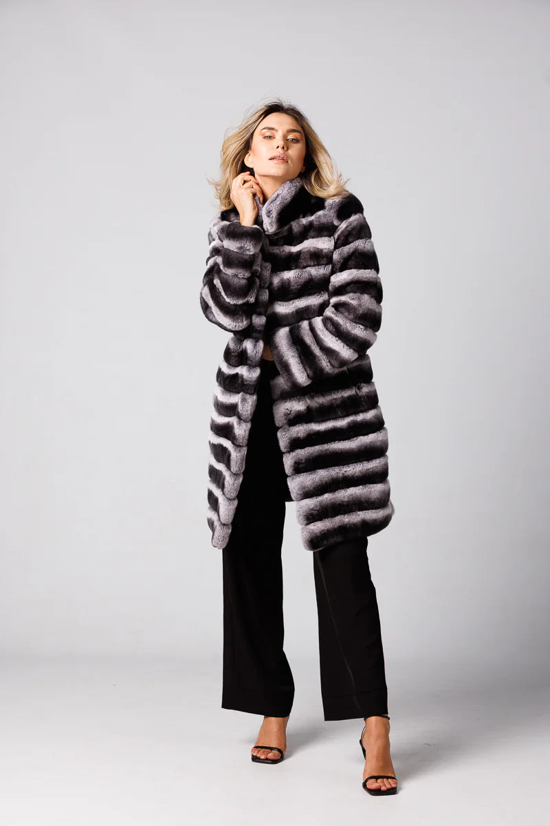 Haină din Blană Naturală de Rex Chinchilla, Long, Transformabilă, Femei, Silver Grey 181