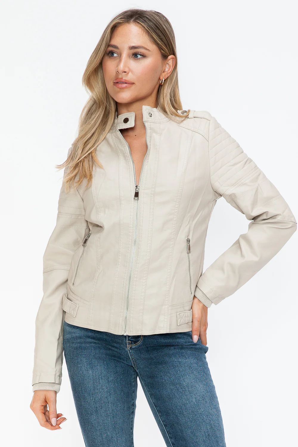 PU Leather Biker Jacket with Side Zip Pockets