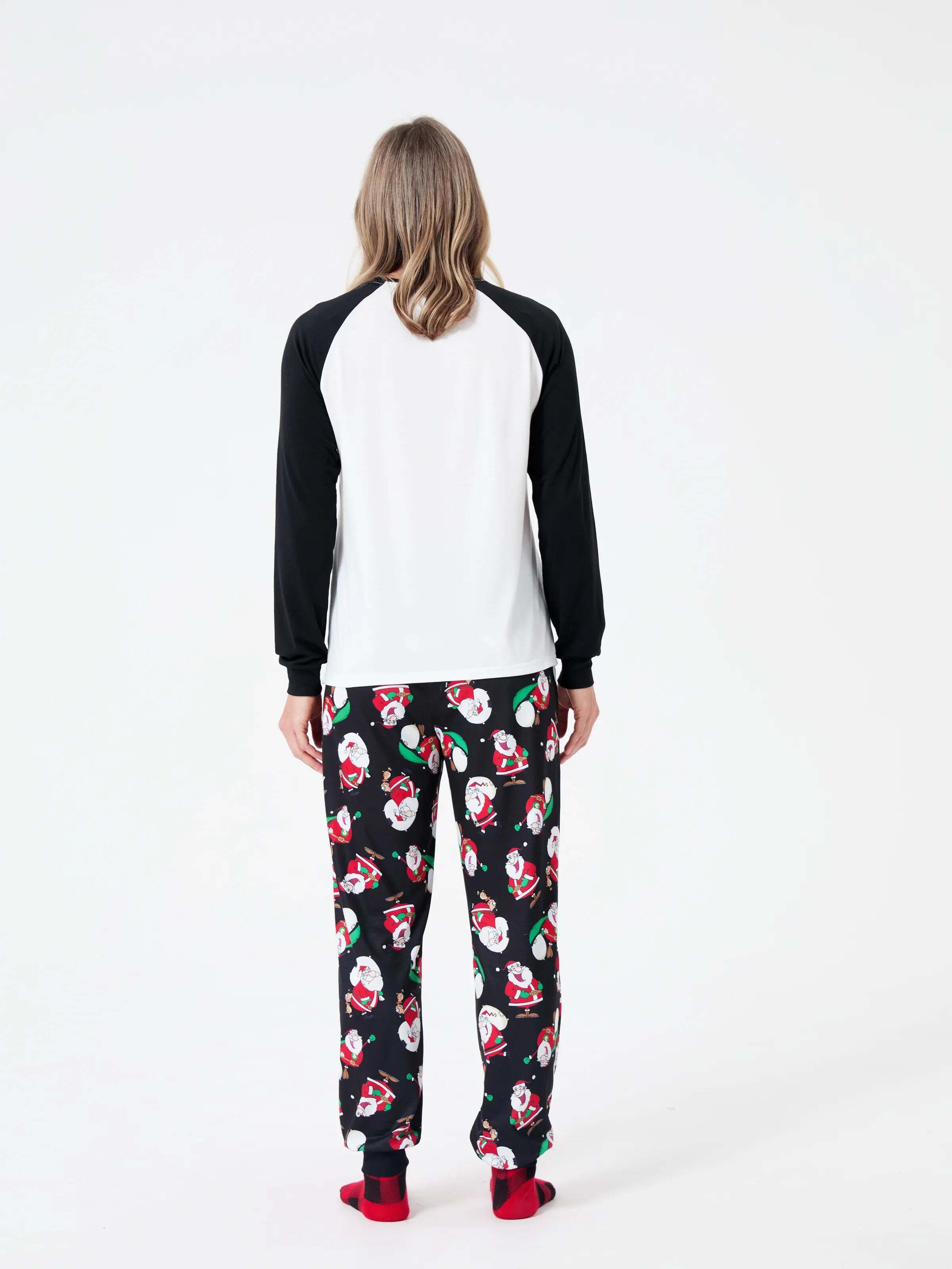 Christmas Matching Family Pajamas Set Christmas Santa Print Black and White PJS with Christmas Socks Black