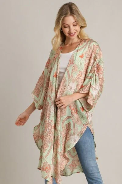 Elegant Mixed Print Open Front Kimono with Ruffle Sleeves