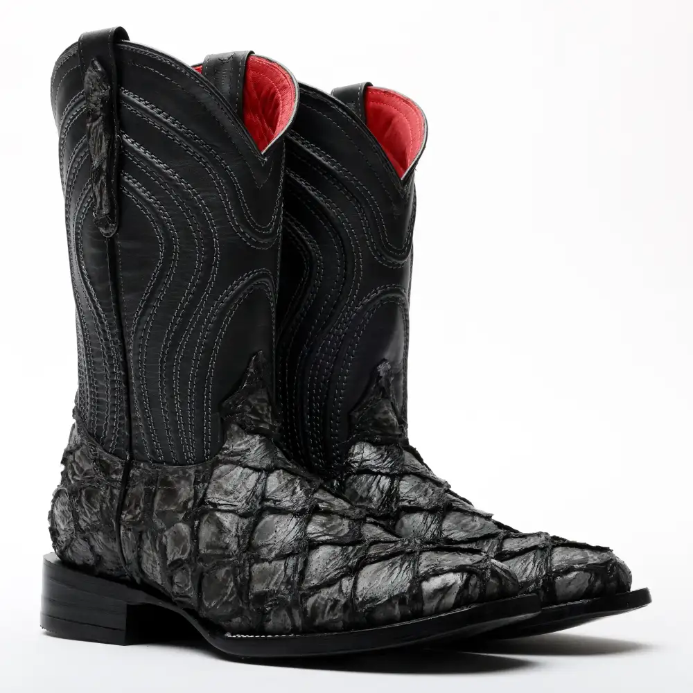 Grey Jumbo Pirarucu Leather Boots - Square Toe