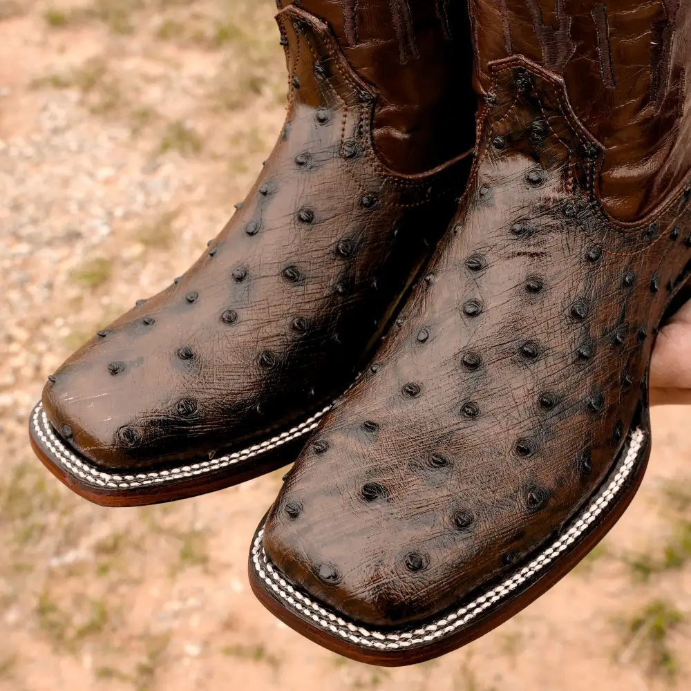 Chocolate Brown Ostrich Leather Boots - Square Toe