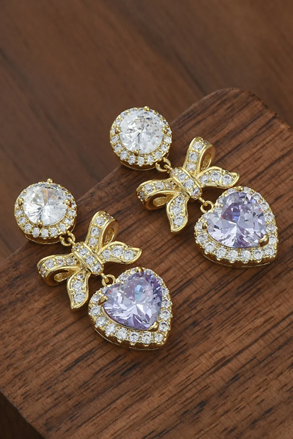 Gold Rhinestone Bow Heart Pendant Earrings