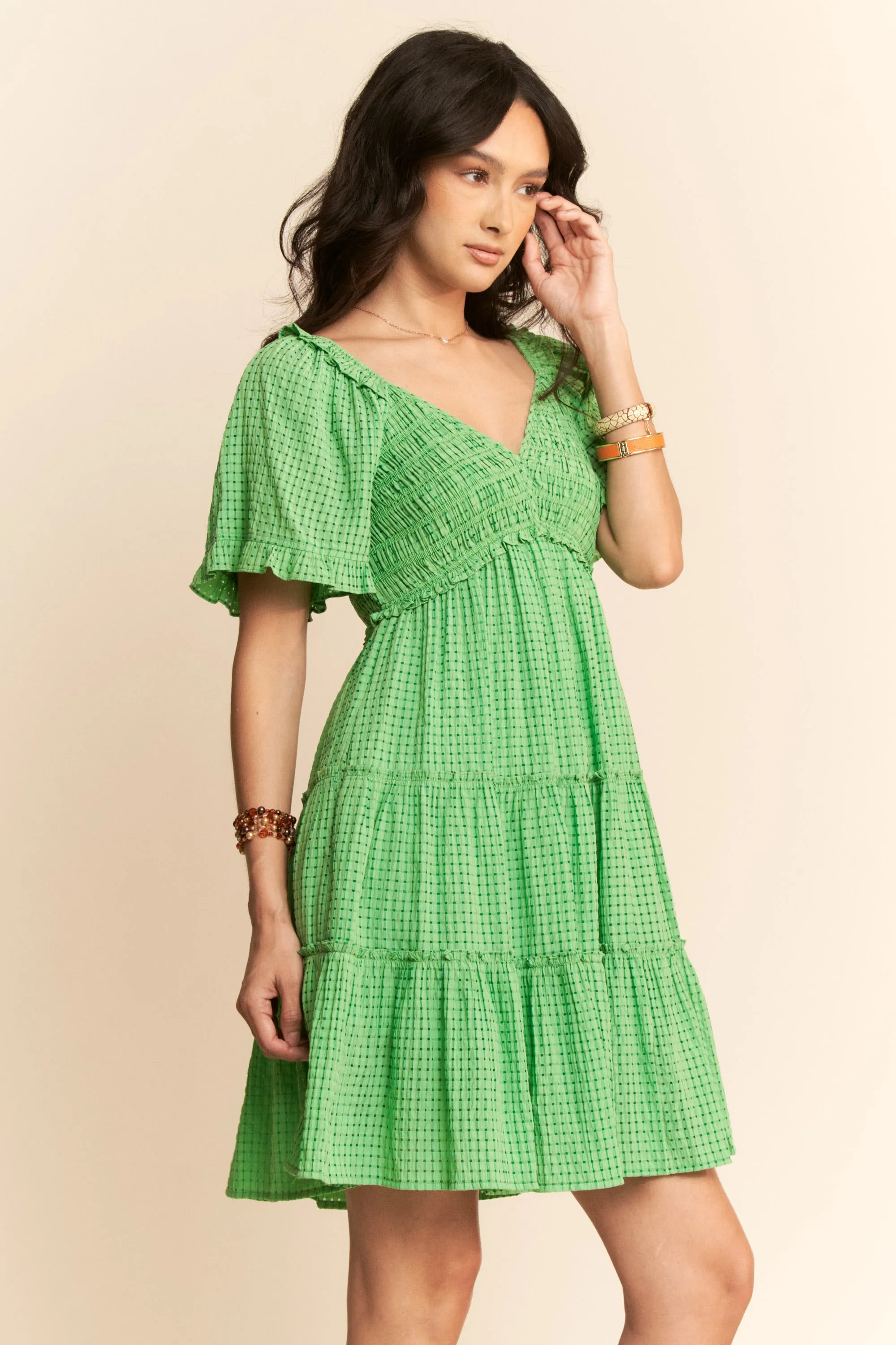 Jacquard Checker Smocking Tiered Dress