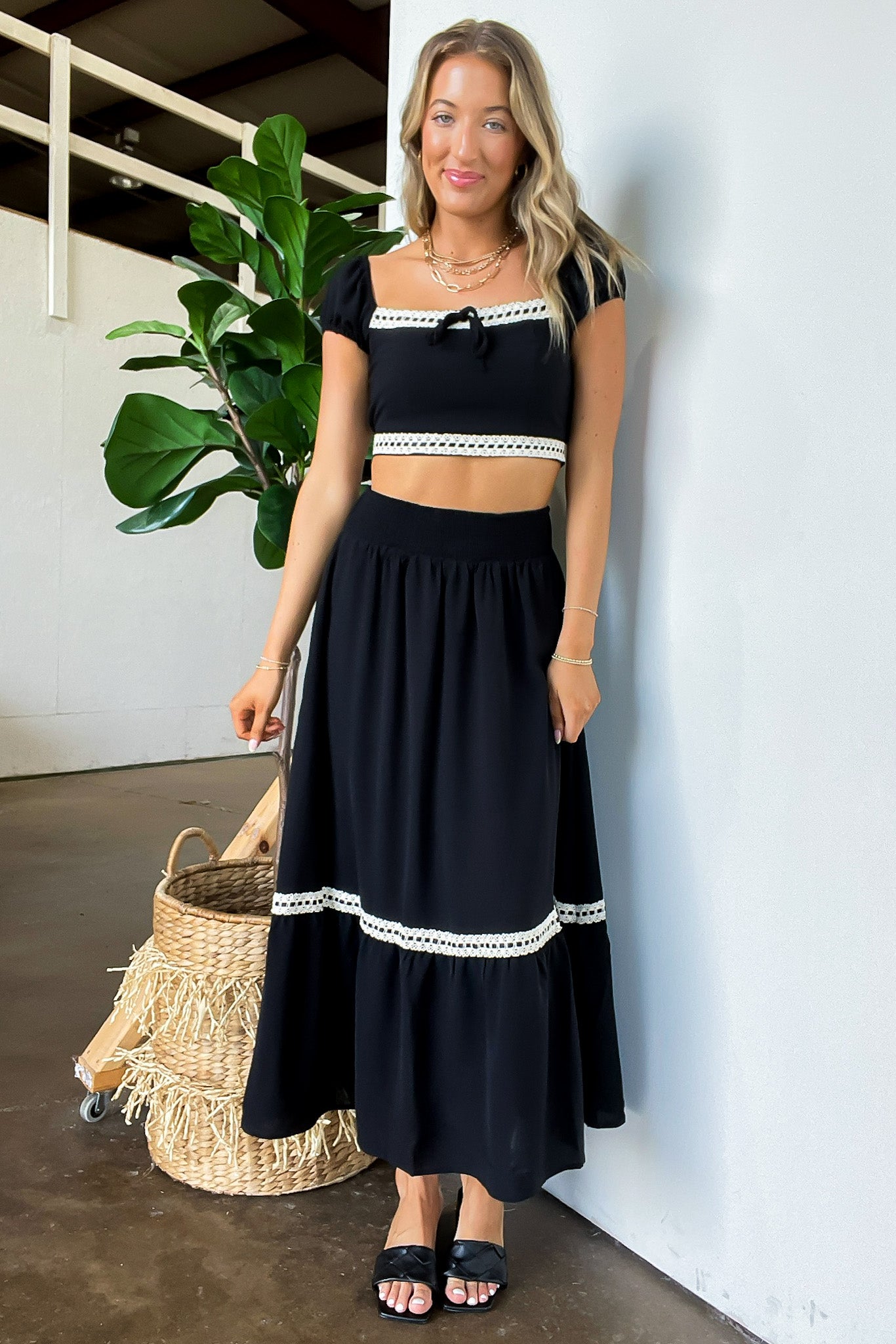 Midnight Lace Contrast Trim Smocked Waist Midi Skirt and Top Set