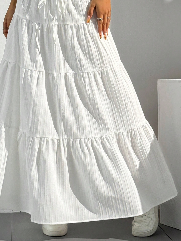 Solid Color Midi Skirt With Elastic Waist And Tie Full Skirt Loose And Long