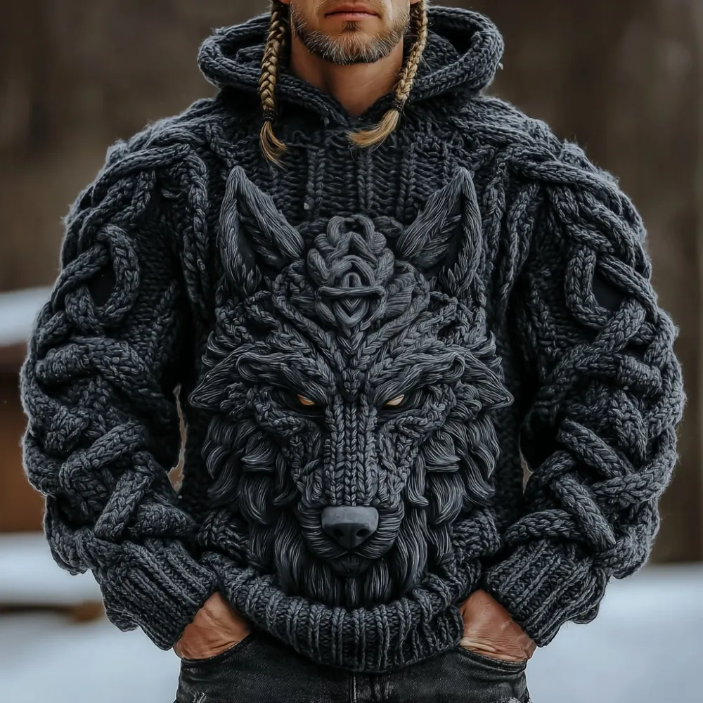 Vintage Viking Wolf Knit Thick Warm Men's Hooded Sweater