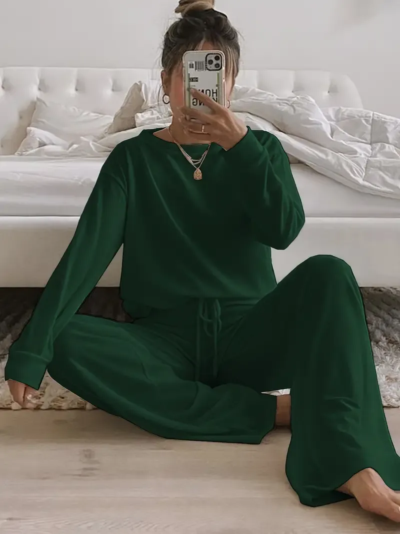 Women's Solid Casual Lounge Set, Long Sleeve Round Neck Top & Elastic Drawstring Pants, Comfortable Relaxed Fit For Fall