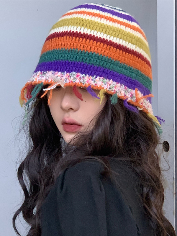 Fringed Striped Tasseled Bucket Hat