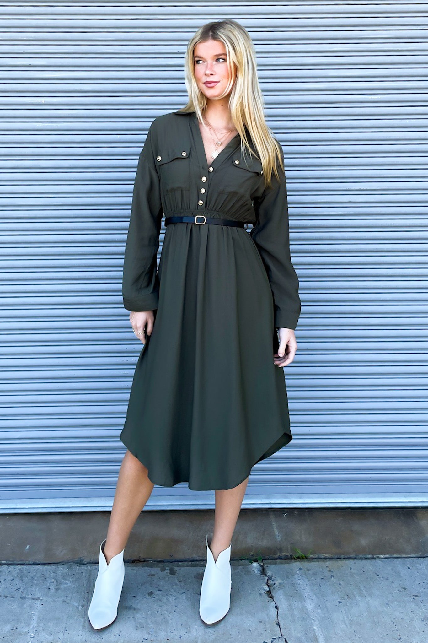 Adeline Button Down Belted Midi Dress