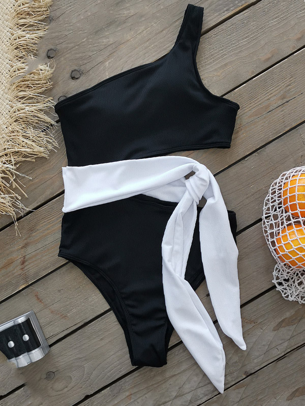 One-Shoulder Belly-Hollow Bandage Split-Joint One-Piece Swimsuit