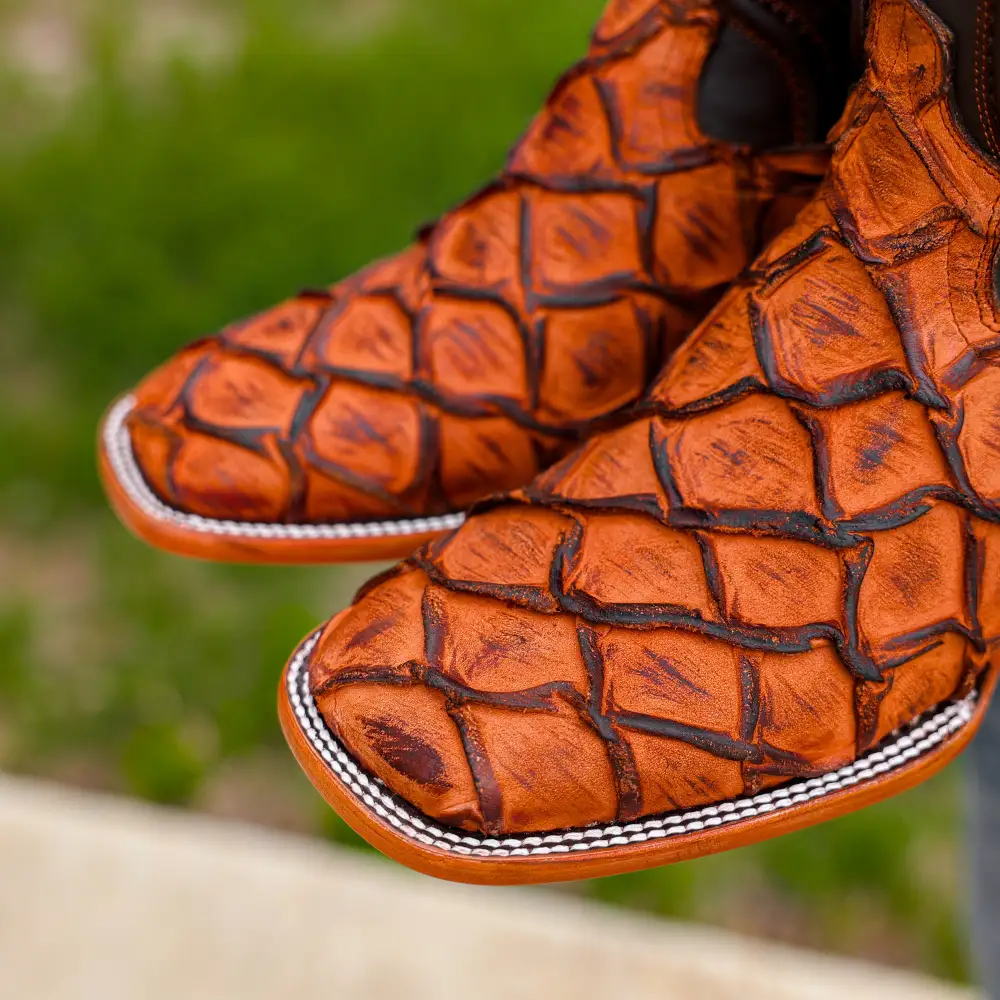 Matte Rustic Cognac Pirarucu Leather Boots - Square Toe