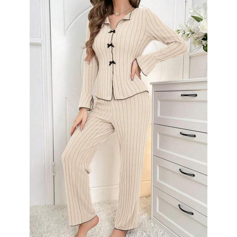 Women’s Ribbed Lounge Two-Piece Set – Long Sleeve V-Neck Top & Relaxed Pants