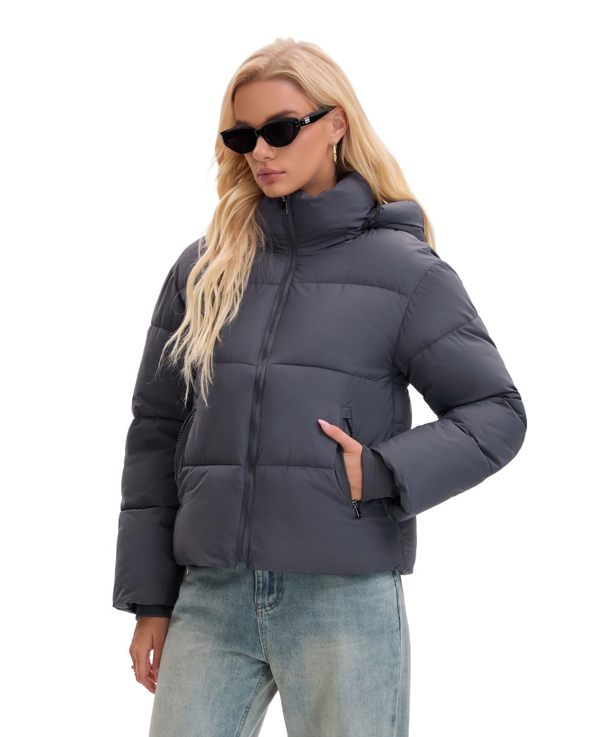 WarmCore Premium Short Puffer Jackets with Removable Hood & Optional Faux Fur Linging, Lady Casual Outerwear Longsleeves Zip Pockets Warm Quilted Coat