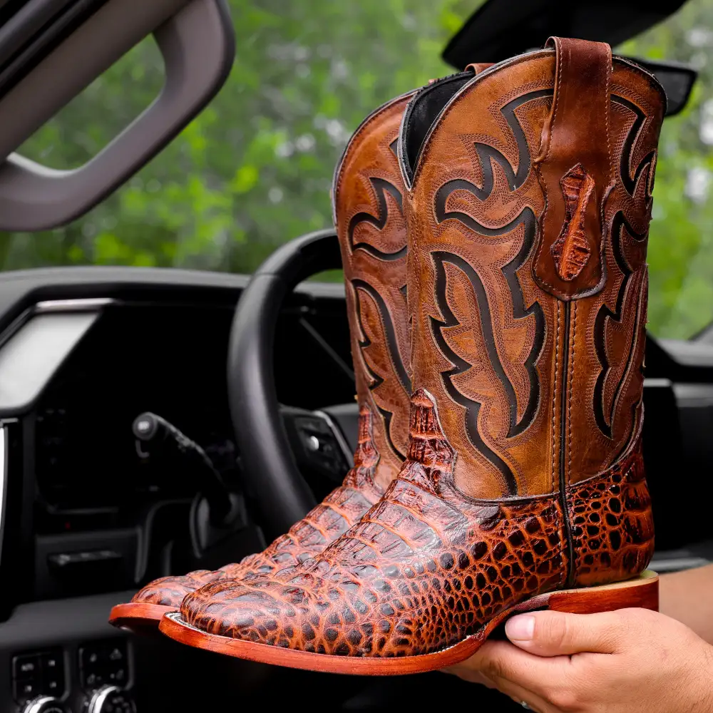 Cognac Caiman Neck Leather Boots - Square Toe