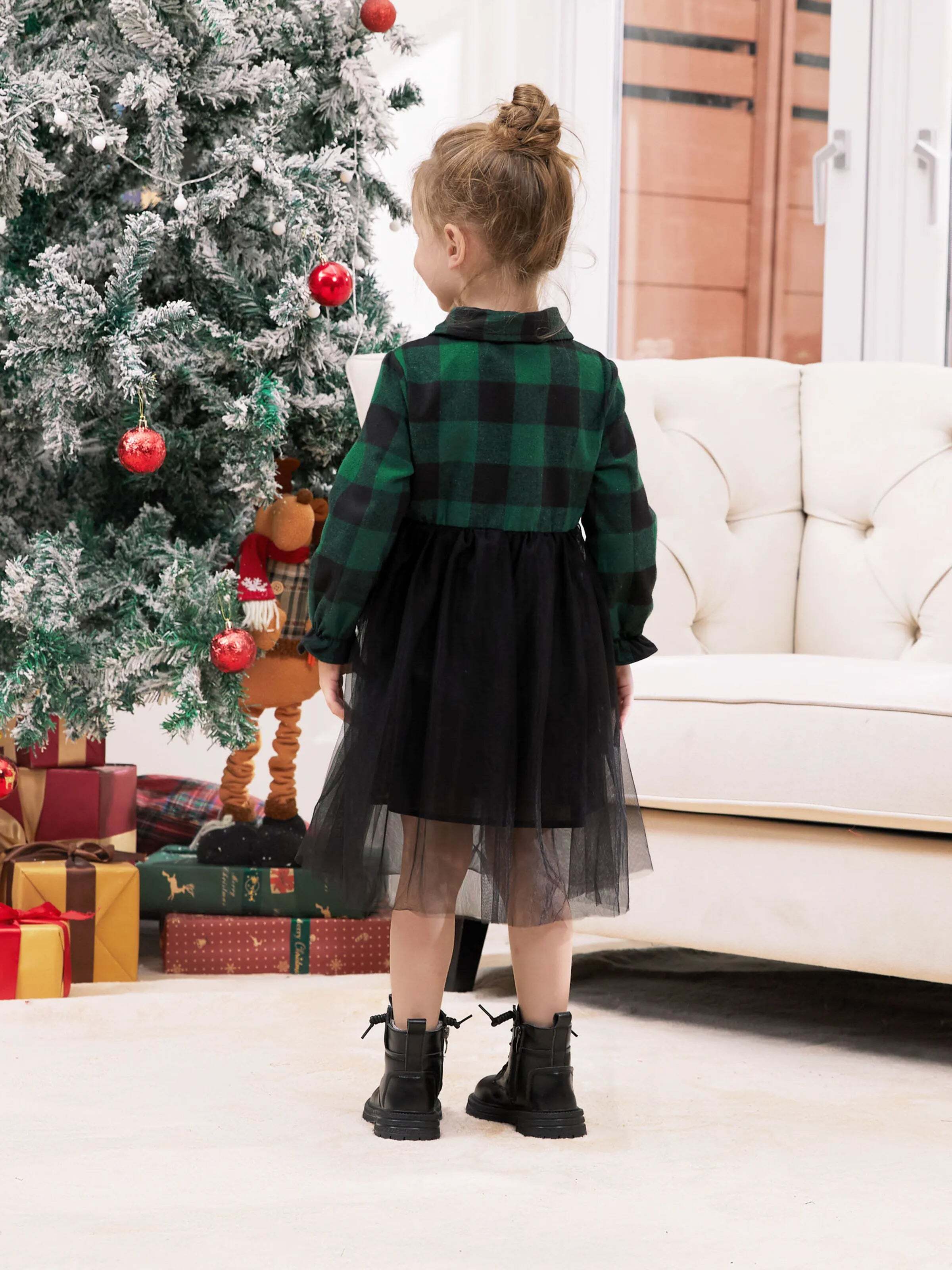 Family Matching Sets Green Plaid Long Sleeves Shirt or Tulle Mesh Dress DarkGreen