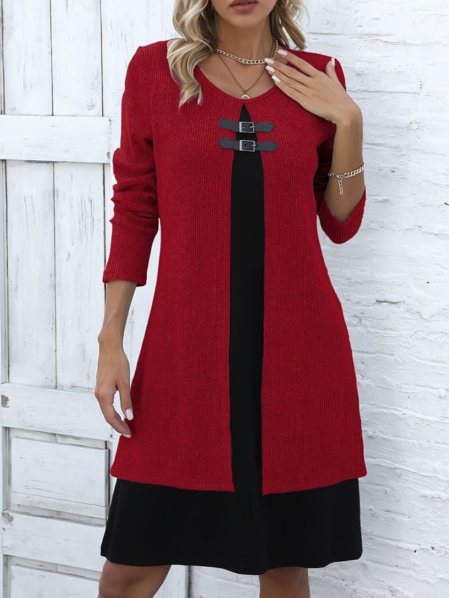 Casual Color Block Crew Neck Midi Dress