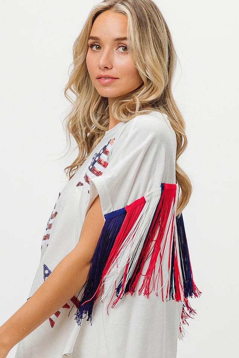 American Flag Sequin Star Fringe Top
