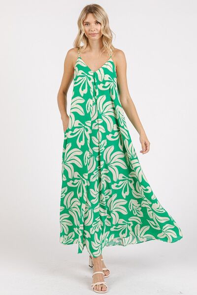 Printed V-Neck Maxi Cami Dress with Pockets