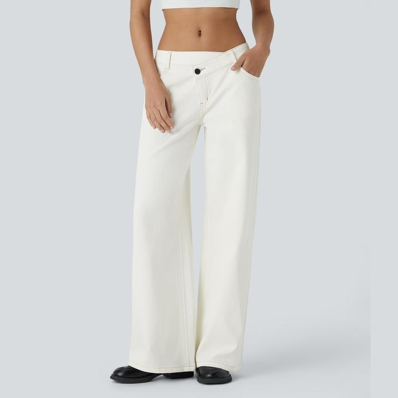 Asymmetric Wide Leg Zipper Pocket Jeans