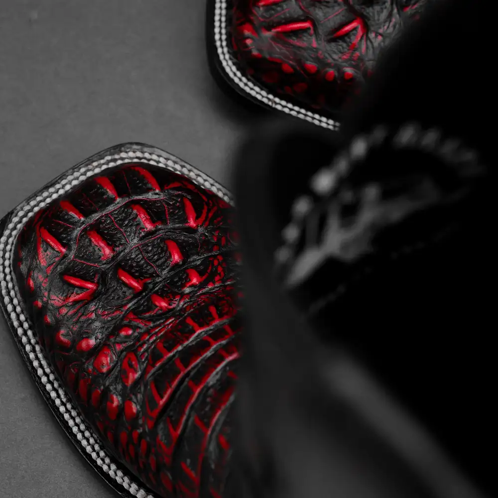 Black/Red Caiman Neck Leather Boots - Square Toe