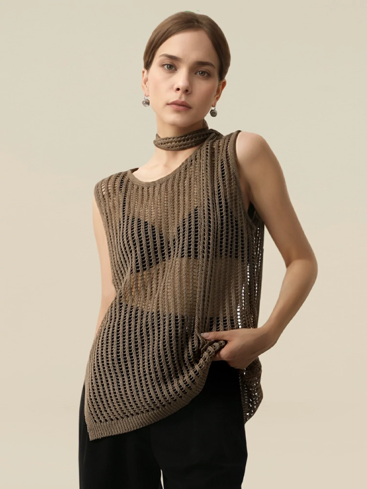 Lyocell & Silk Round Neck Lace-Up Vest